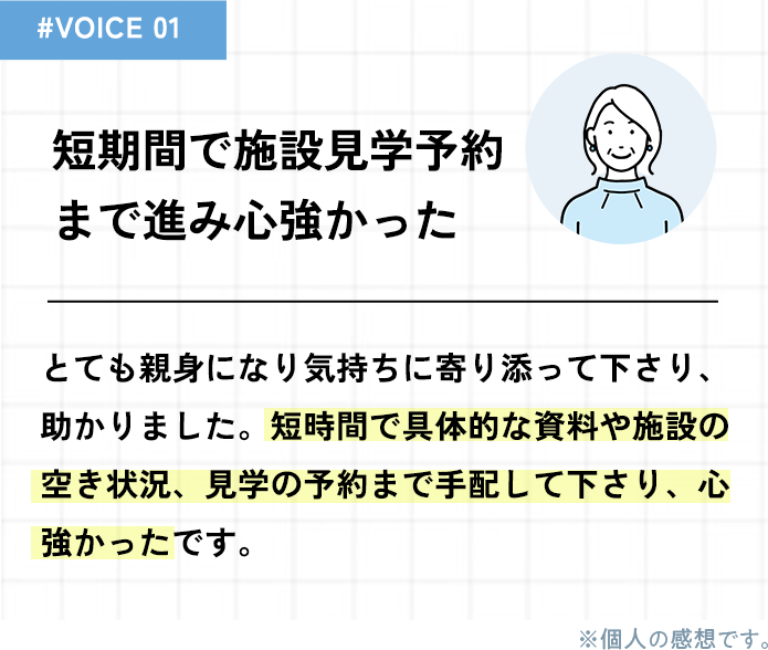 短期間で施設見学予約まで進み心強かった
